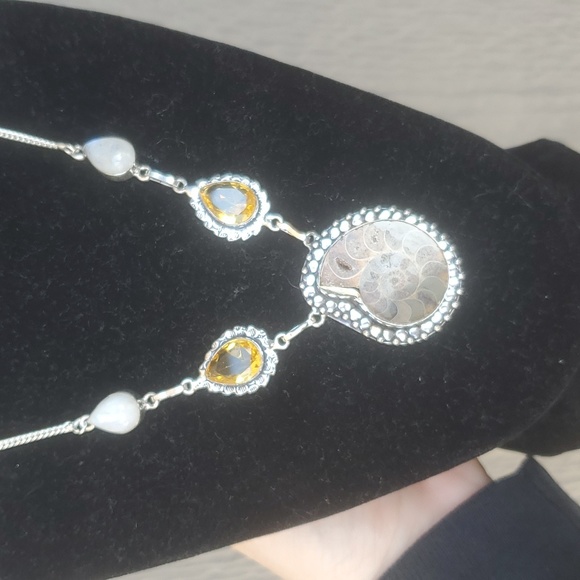 New Ammonite Fossil, Rainbow Moonstone & Citrine 925 Silver Necklace. - Picture 8 of 12